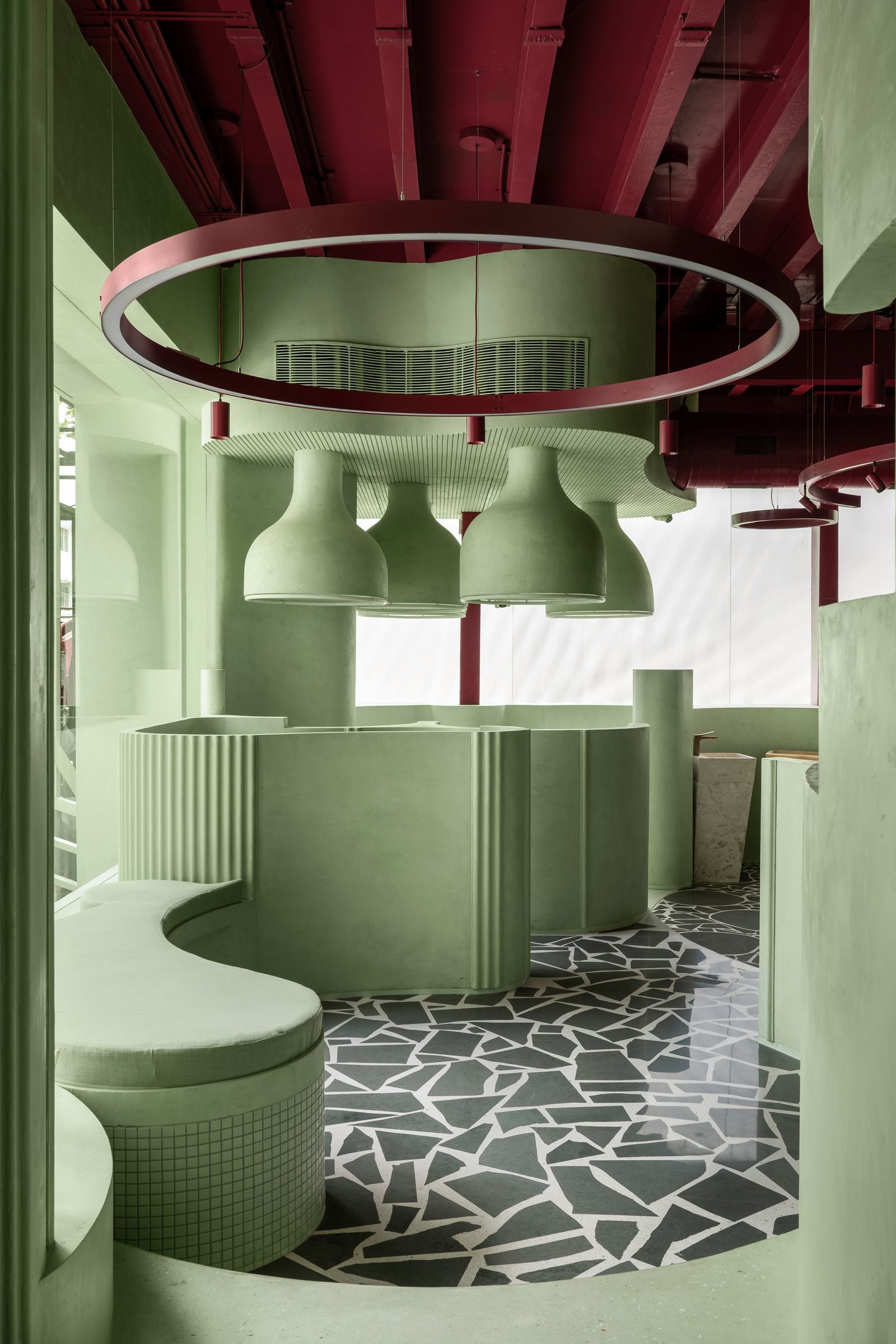 Image may contain Floor Home Decor Indoors Architecture Building Foyer Flooring Furniture Lounge Bathroom and Room