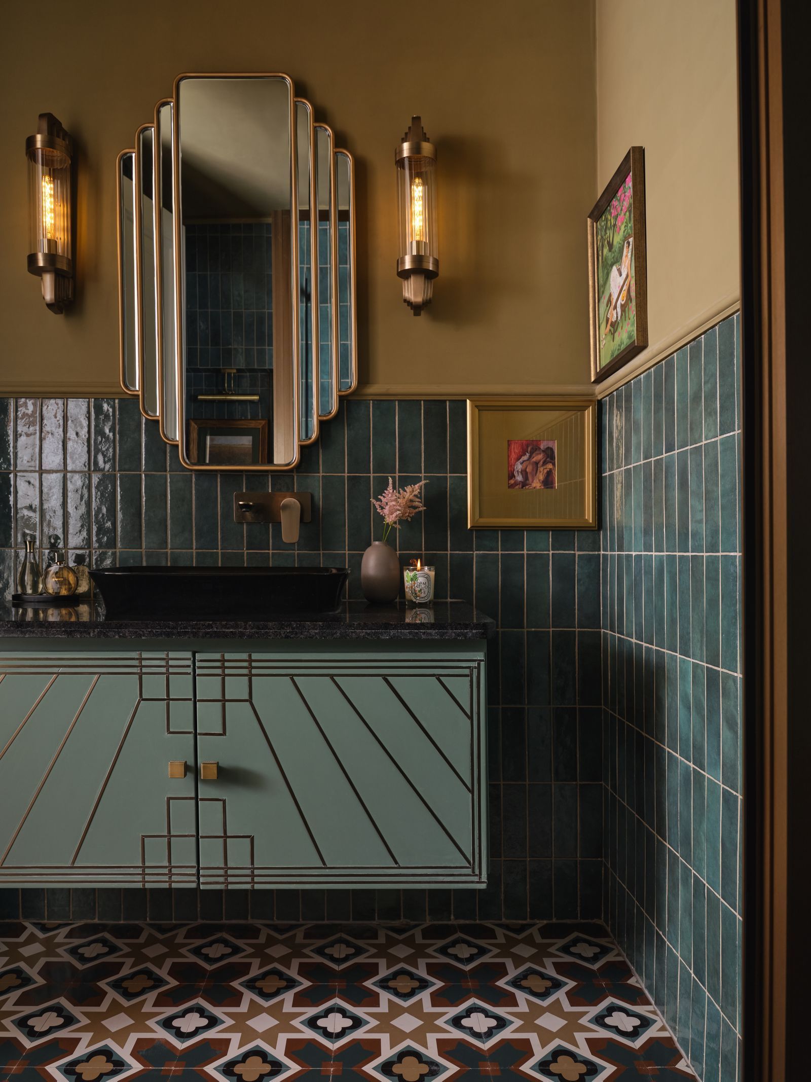 Image may contain Lamp Indoors Interior Design Sink Art Painting Tile Sink Faucet Floor and Person