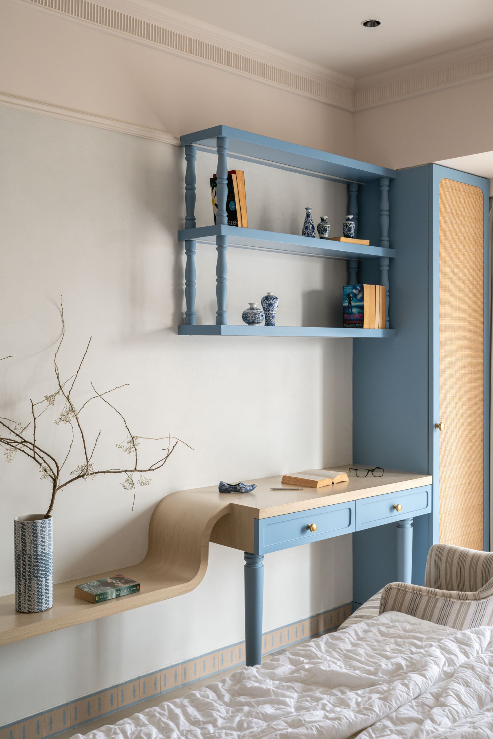 Image may contain Furniture Accessories Glasses Book Publication Bed Indoors Interior Design Home Decor and Plant