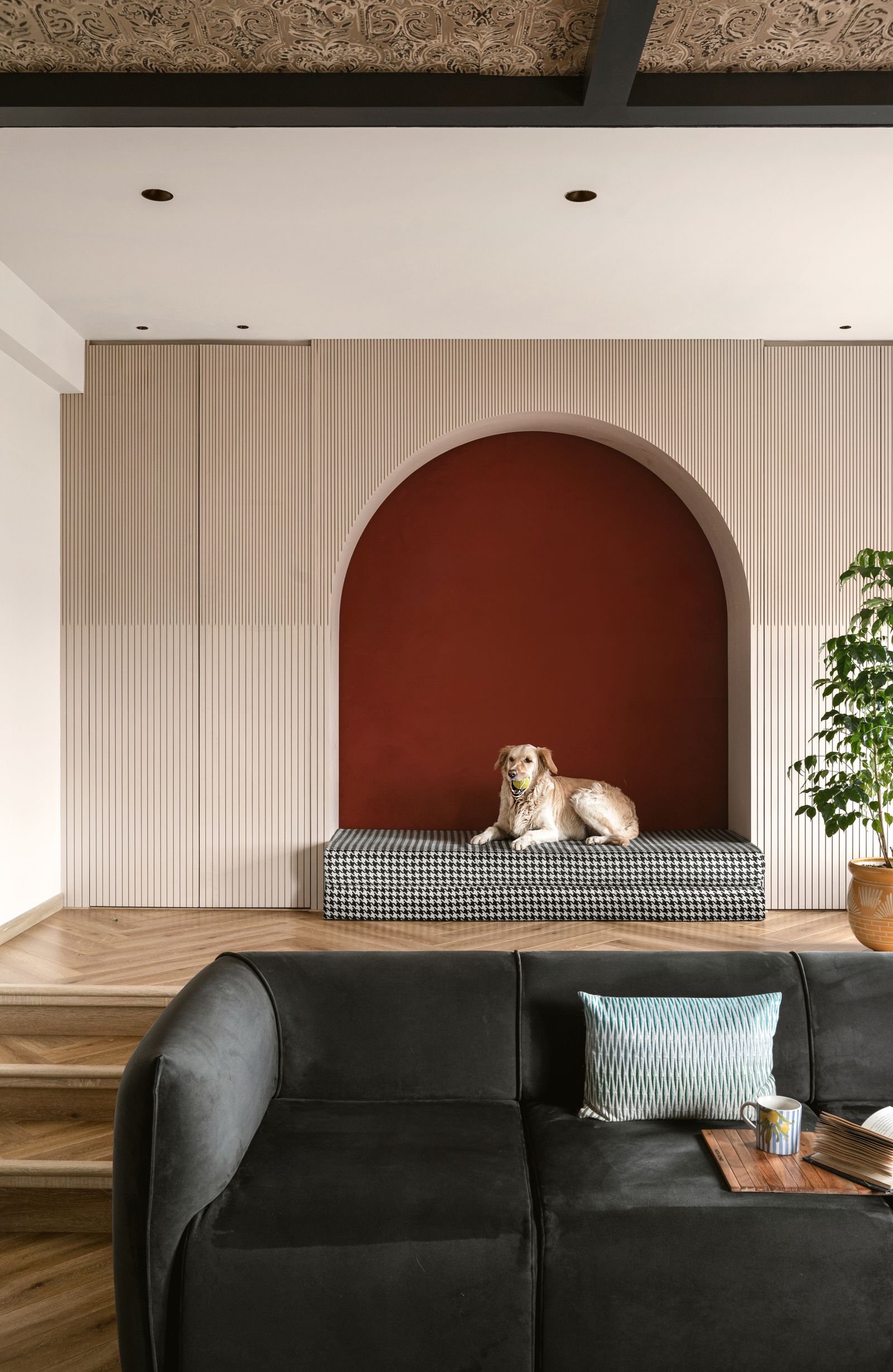 Image may contain Indoors Interior Design Wood Panels Home Decor Cup Couch Furniture Plant Animal Canine and Dog