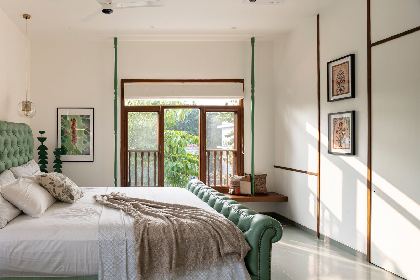Image may contain Indoors Interior Design Corner Lamp Door Art Painting Bed Furniture Bedroom and Room