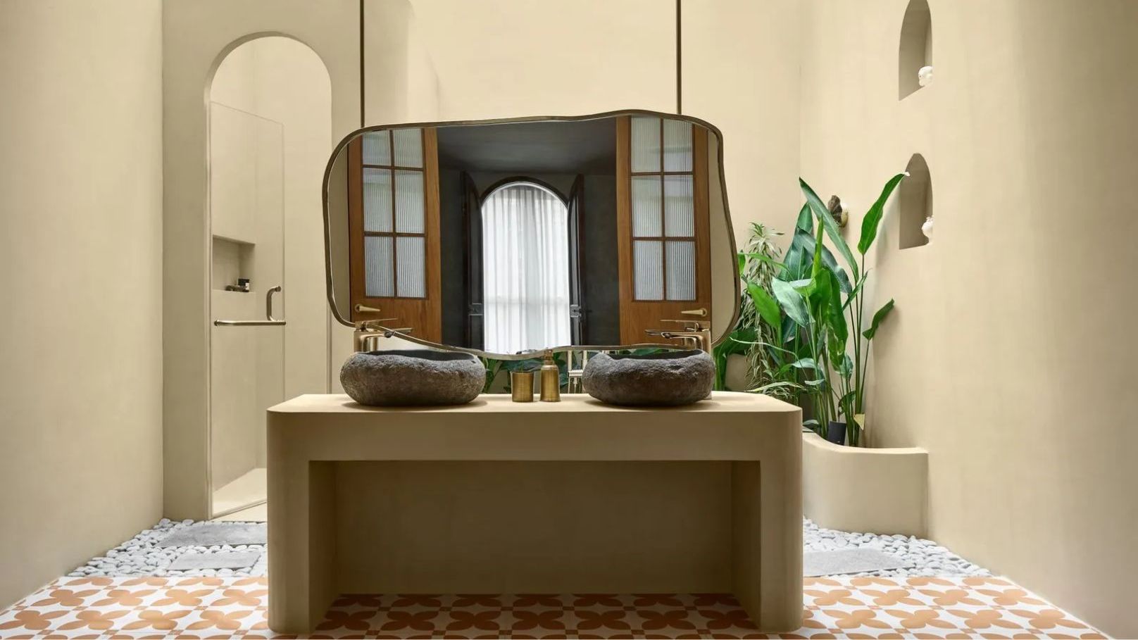 Image may contain Indoors Interior Design Home Decor Desk Furniture Table Architecture Building Foyer bathroom vanity...